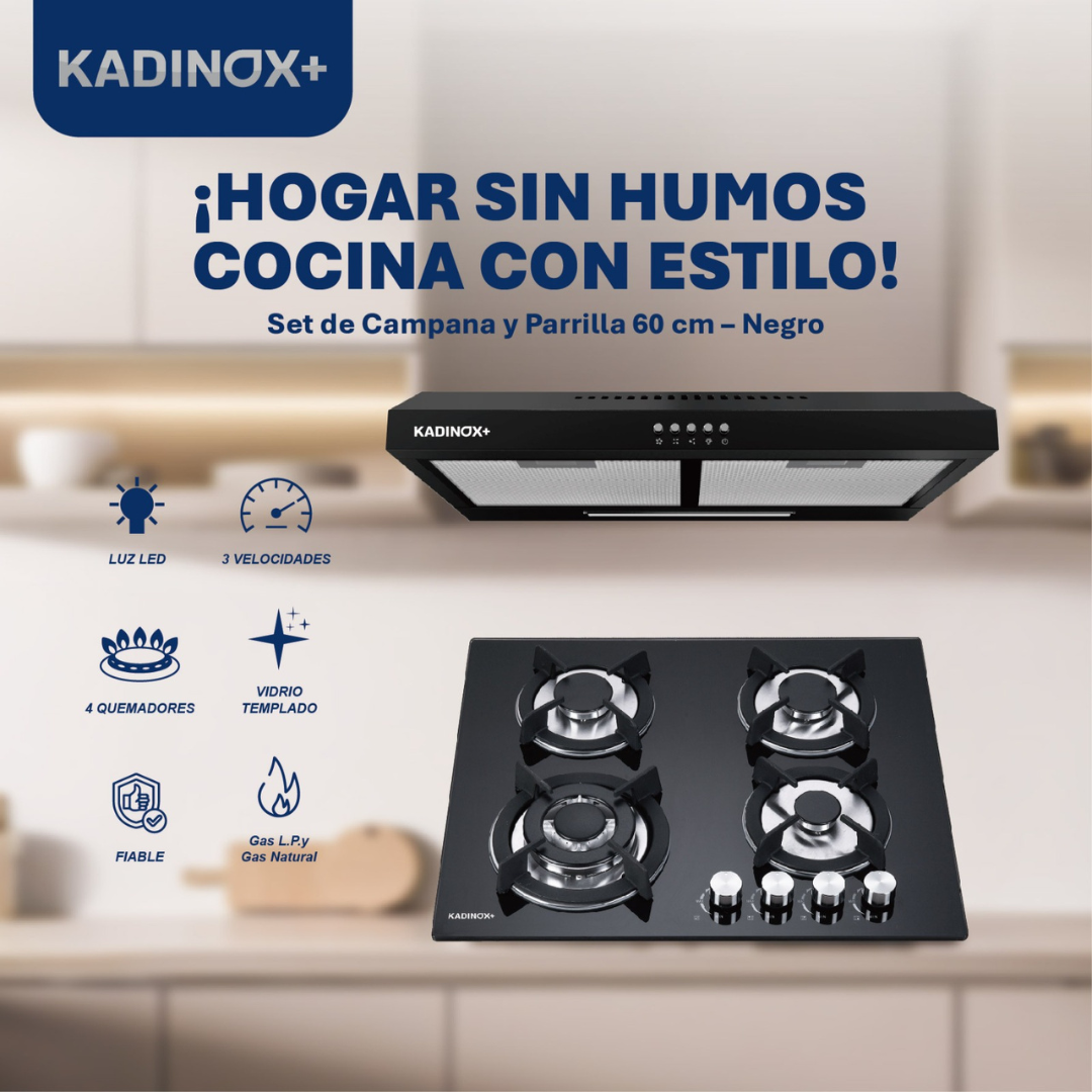 Combo Parrilla Gas 4 Quemadoras Y Campana 60cm Color Negro