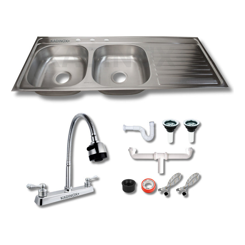 Fregadero Tarja Tina Doble 100 x 50 Con Escurridor Acero Inoxidable Con Kit Flexible