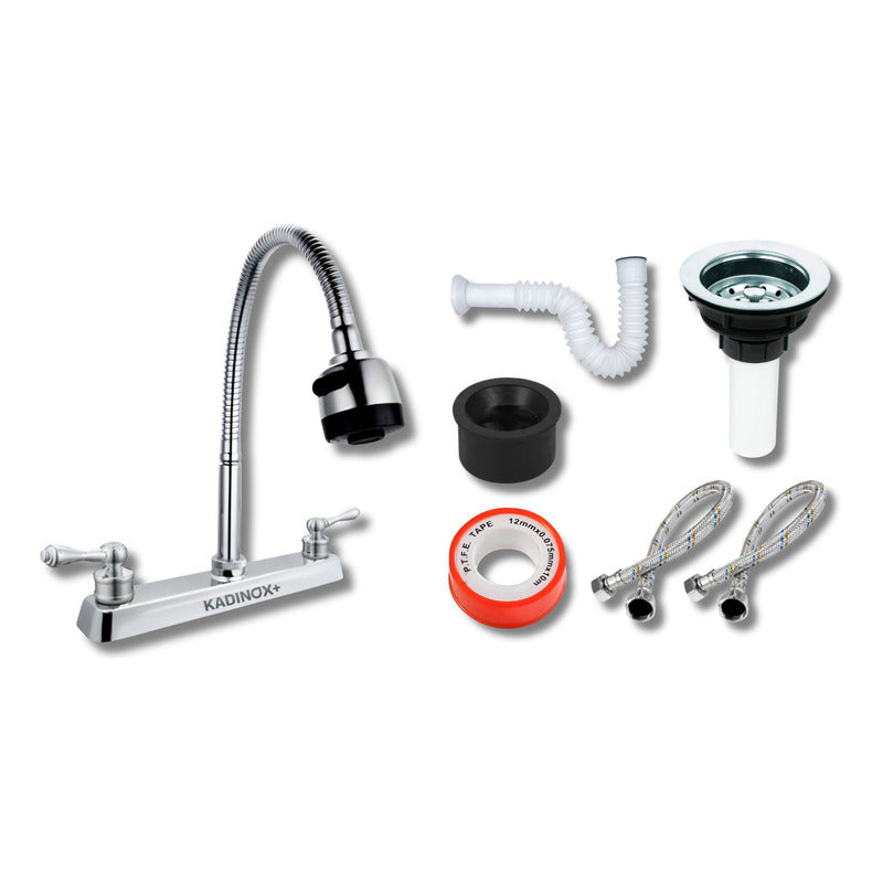 Kit completo de instalación para tarja de cocina, incluye mezcladora flexible, contracanasta, trampa flexible, cinta teflón y mangueras alimentadoras.