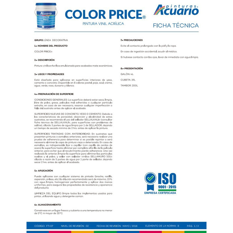 Cubeta De Pintura Vinilica Lavable Acuario Color Price 19lt - Colores Intensos