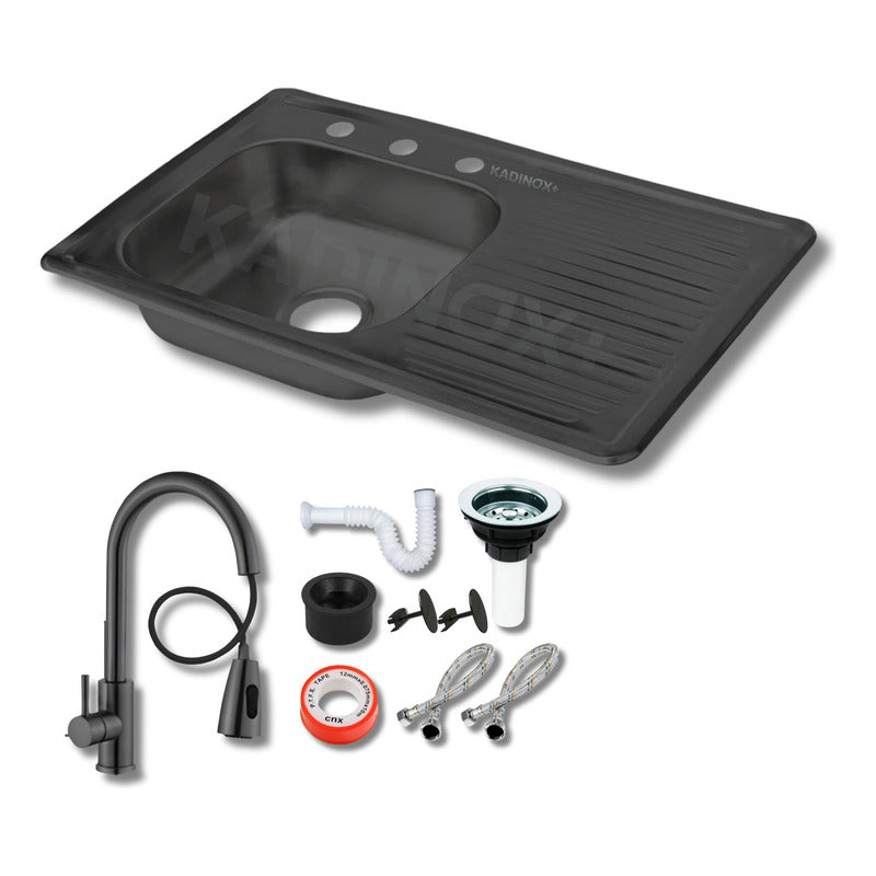 Fregadero Tarja Empotrar Acero Inox 80x50 Kit Premium Negra