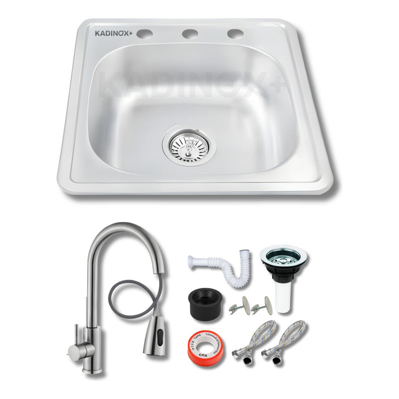 Tarja Fregadero Tipo Bar Acero Inox 48x48 Cm C/kit Mezc Prem