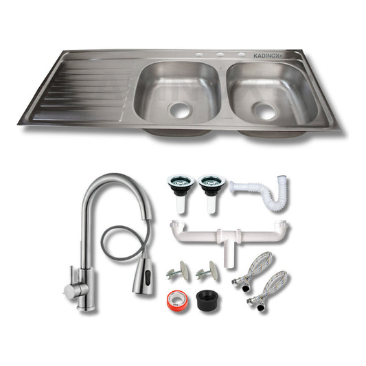 Fregadero Tarja Tina Doble 120x50 Con Escurridor Acero Inoxidable con Kit Premium