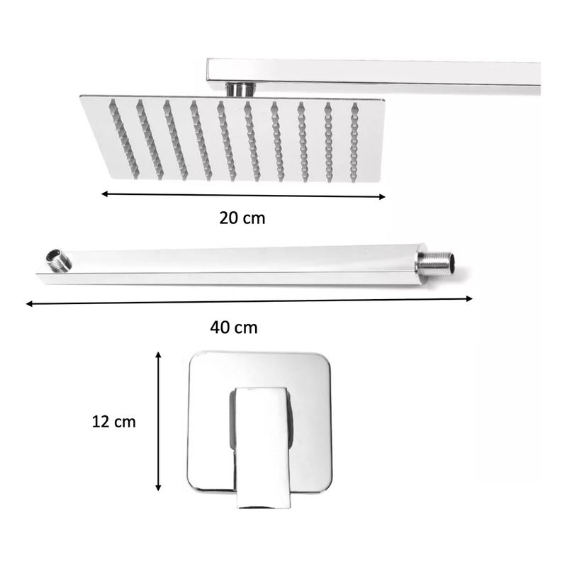 Regadera Cuadrada Lluvia Acero Inox 20cm C/ Monomando Y Tubo