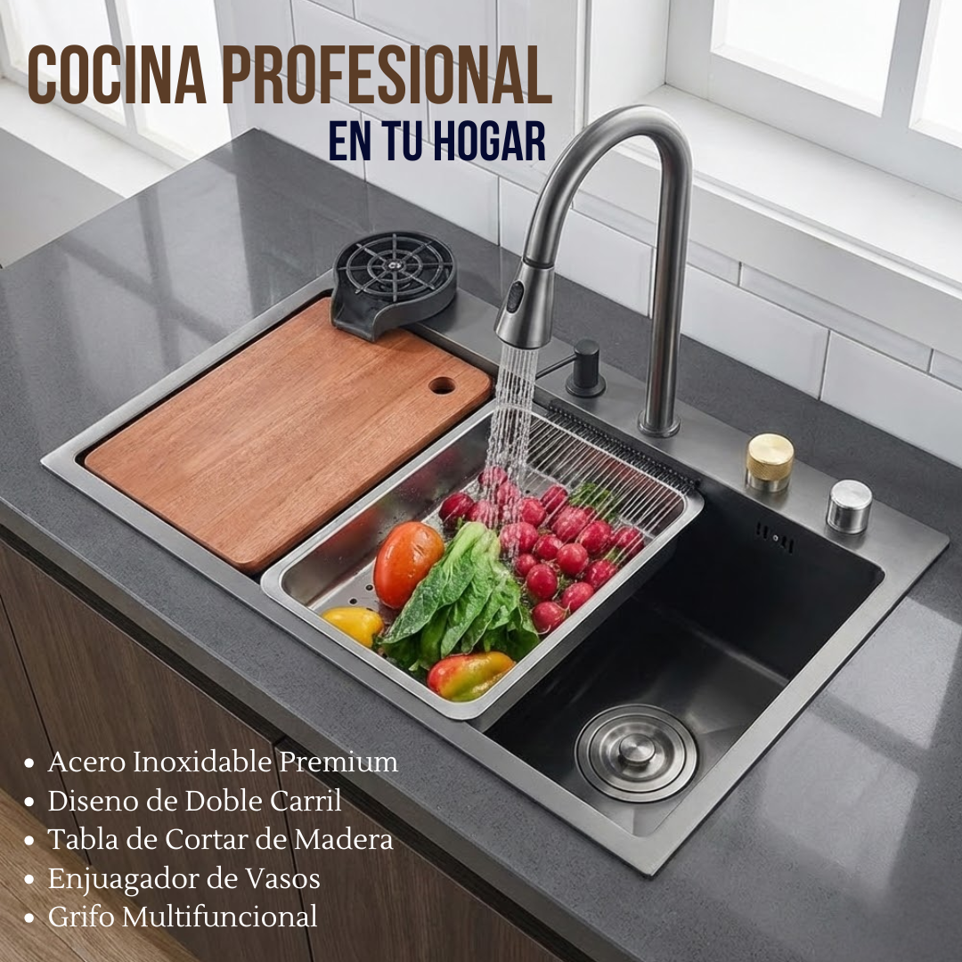 Fregadero Tarja de Cocina Multifuncional Acero Inoxidable 75×45 cm con Grifo Cascada de Lujo