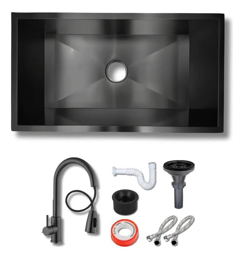 Fregadero Tarja para Cocina Una Tina Submontar de Acero Inoxidable Negro 80x45 cm con Mezcladora Negra | KADINOX - KADINOX