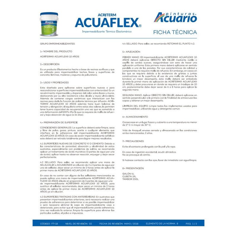 Impermeabilizante para Techo Acuaflex Elastomérico 10 Años 19 Litros | KADINOX - KADINOX