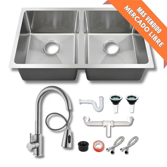 Tarja doble premium de acero inoxidable con mezcladora de lujo y kit de instalación completo, modelo submontar KADINOX