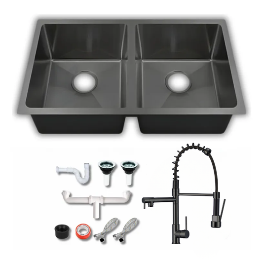 Tarja Doble Submontar Negra 82x47 Acero Inoxidable Calibre 18 con Mezcladora 360° y Kit – KADINOX PLUS