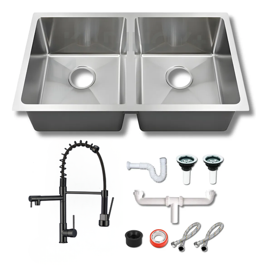 Tarja Doble Submontar 82x47 Acero Inoxidable Calibre 18 con Mezcladora Negra 360° y Kit – KADINOX PLUS