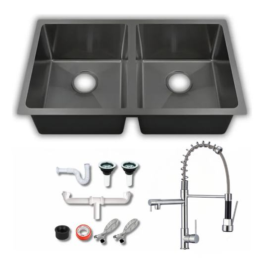 Tarja Doble Submontar Negra 82x47 Acero Inoxidable Calibre 18 con Mezcladora Cromada 360° y Kit – KADINOX PLUS