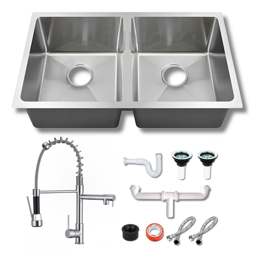 Tarja Doble Submontar 82x47 Acero Inoxidable Calibre 18 con Mezcladora Cromada 360° y Kit – KADINOX PLUS