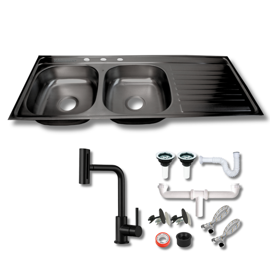 Tarja de Empotrar Doble Tina 120x50 cm Color Negro Oxford Calibre 22 con Escurridor, Mezcladora Profesional 4 Funciones y Kit de Instalación | KADINOX