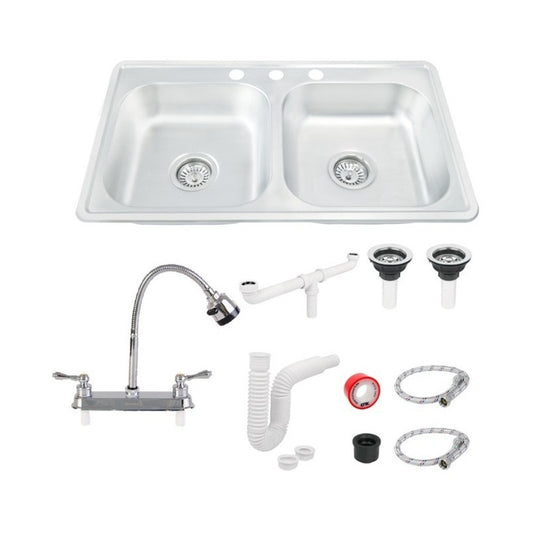 Fregadero Tarja Tina Doble Acero Inoxidable Con Kit Mez Flex