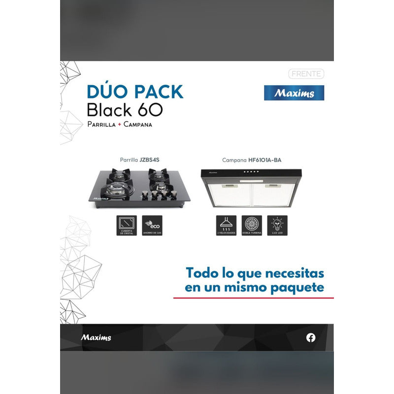 Combo Parrilla Gas 4q Y Campana Pared 60cm Color Negro Lujo