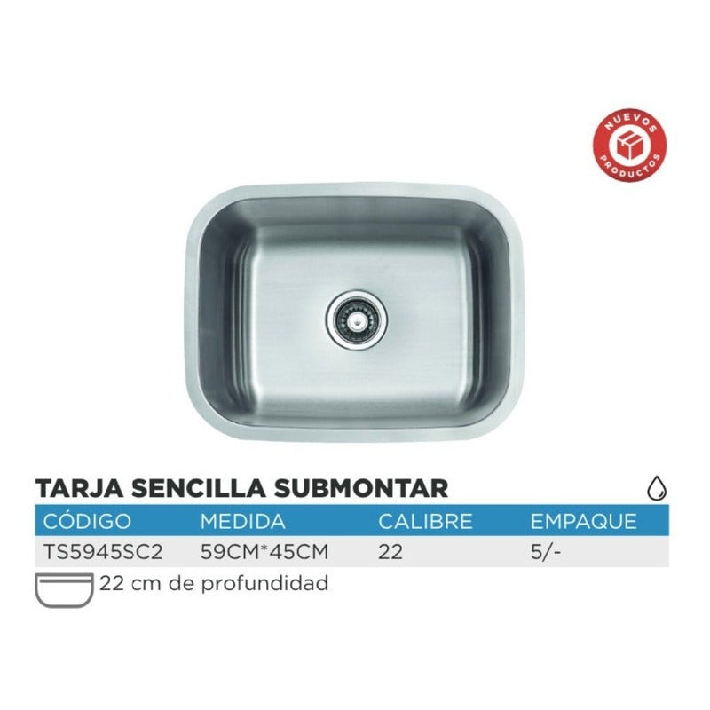 Fregadero Tarja Submontar 1 Tina Acero Inox C/kit Mezc Prem