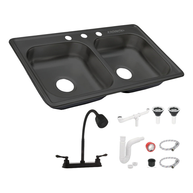 Fregadero Tarja Tina Doble Acero Inox Con Kit Flexible Negra