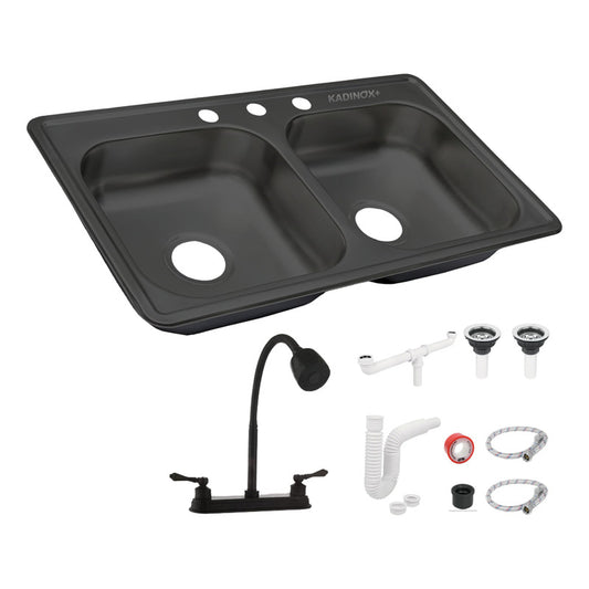 Fregadero Tarja Tina Doble Acero Inox Con Kit Flexible Negra