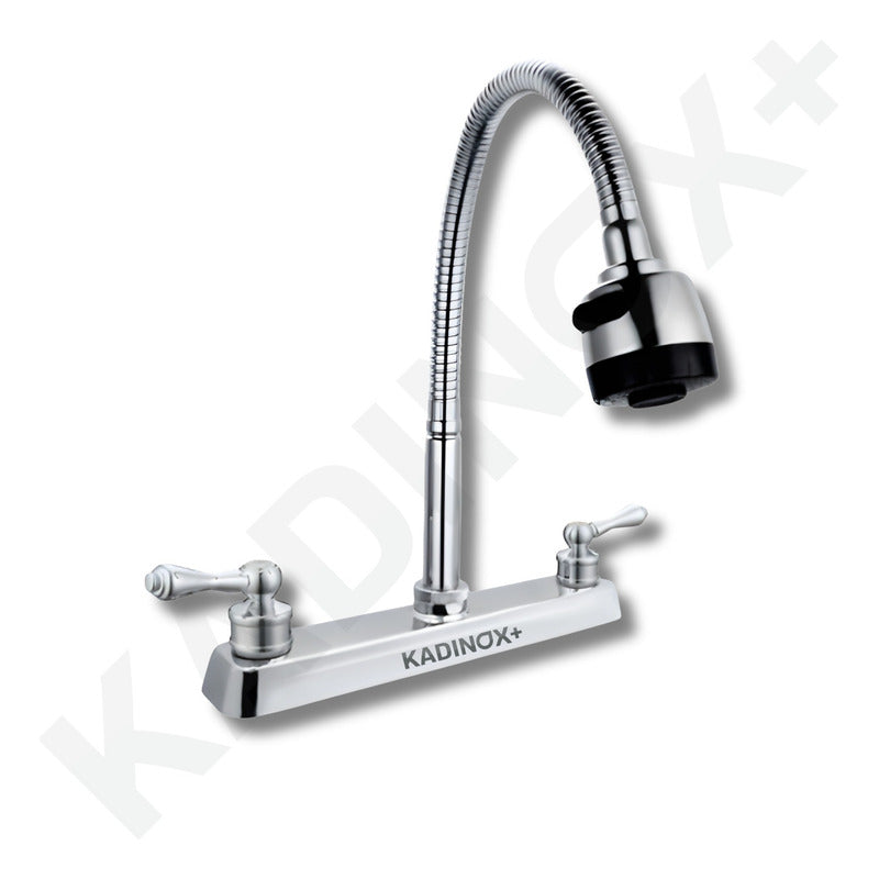 Mezcladora flexible de doble chorro para tarja de cocina, diseño ergonómico y acabado cromado.