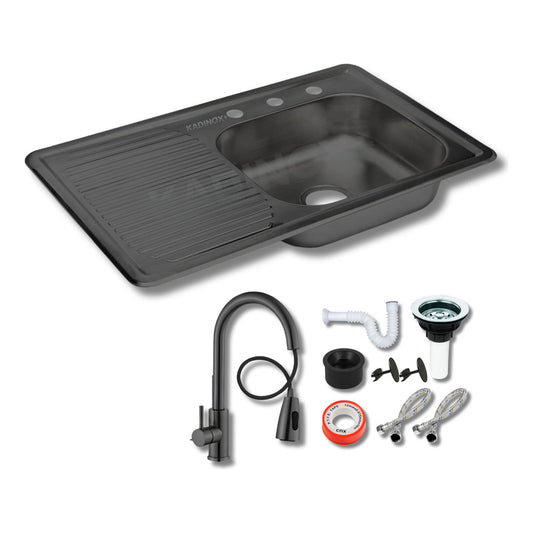 Fregadero Tarja Empotrar Acero Inox 80x50 Kit Premium Negra