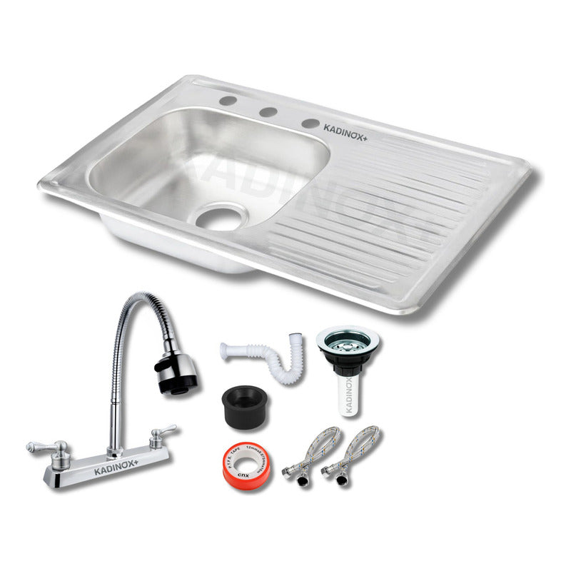 Kit completo de instalación para tarja de cocina, incluye mezcladora flexible, contracanasta, trampa flexible, cinta teflón y mangueras alimentadoras