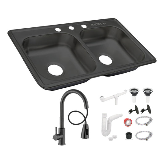 Fregadero Tarja Tina Doble Acero Inox Con Kit Premium Negra