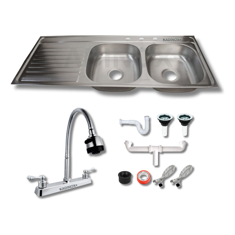 Fregadero Tarja Tina Doble 100 x 50 Con Escurridor Acero Inoxidable Con Kit Flexible
