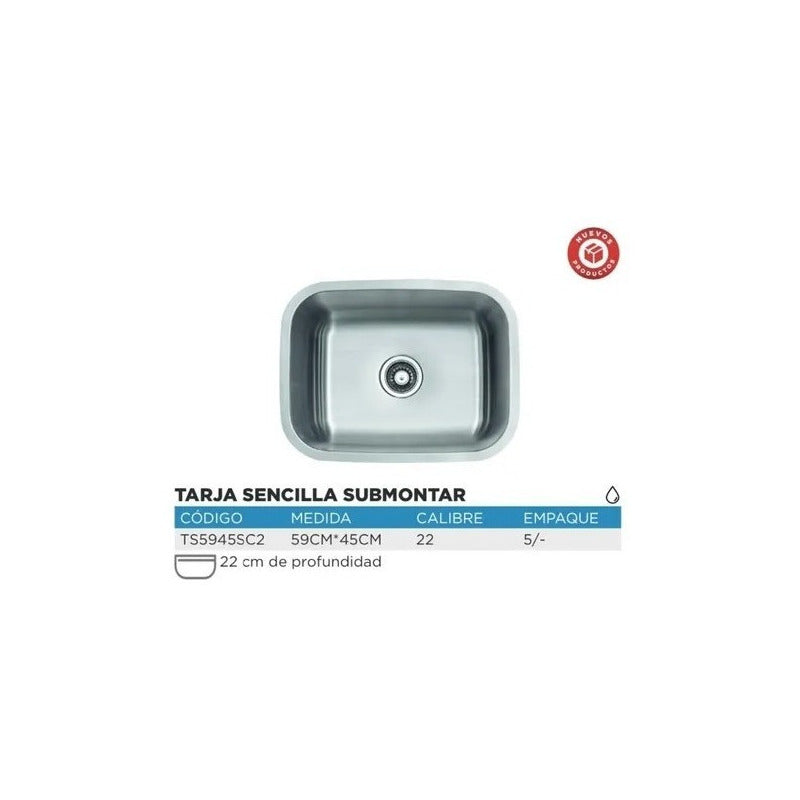 Fregadero Tarja Submontar Tina Sencilla Acero Inox Cal 22