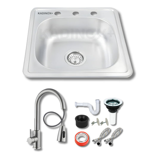 Tarja Fregadero Tipo Bar Acero Inox 48x48 Cm C/kit Mezc Prem