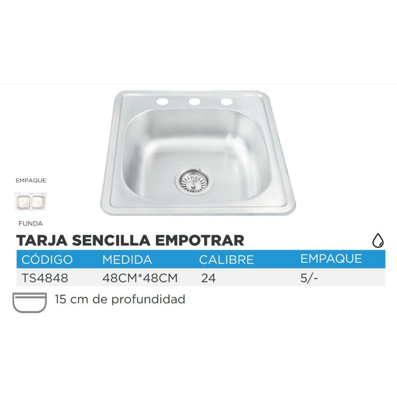 Tarja Fregadero Tipo Bar Acero Inox 48x48 Cm C/kit Mezc Prem