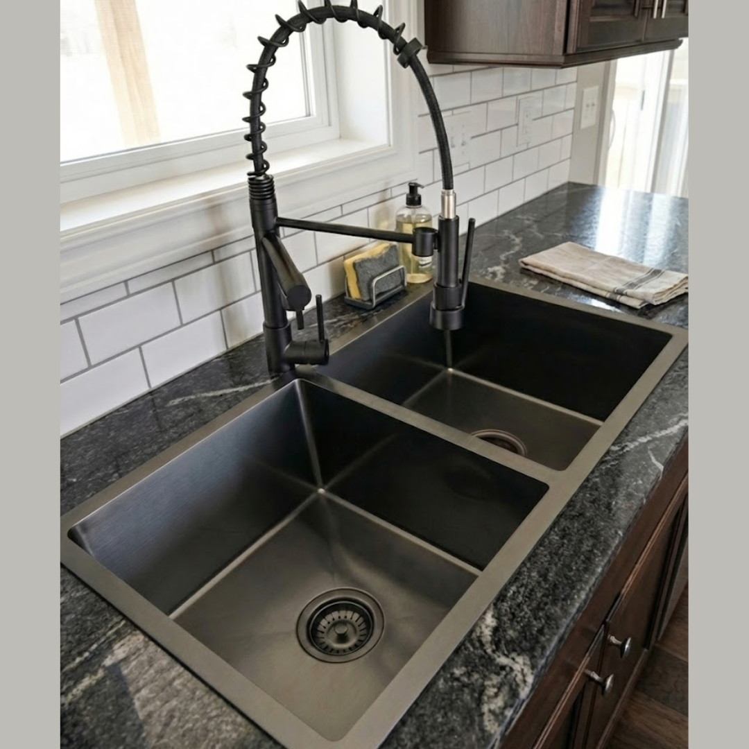 Tarja Doble Submontar Negra 82x47 Acero Inoxidable Calibre 18 con Mezcladora 360° y Kit – KADINOX PLUS