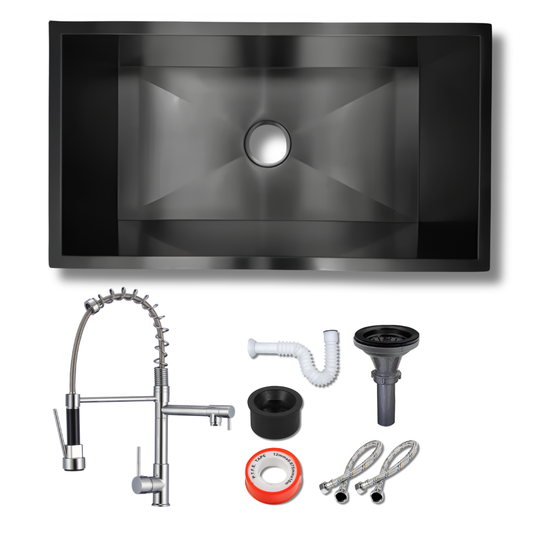 Tarja Negra 80x45 Submontar para Cocina Una Tina con Mezcladora Cromada 360° y Kit – KADINOX PLUS