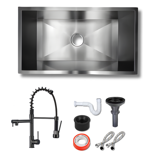 Fregadero Una Tina Submontar 80x45 Acero Inoxidable con Mezcladora Negra Flexible y Accesorios – KADINOX PLUS