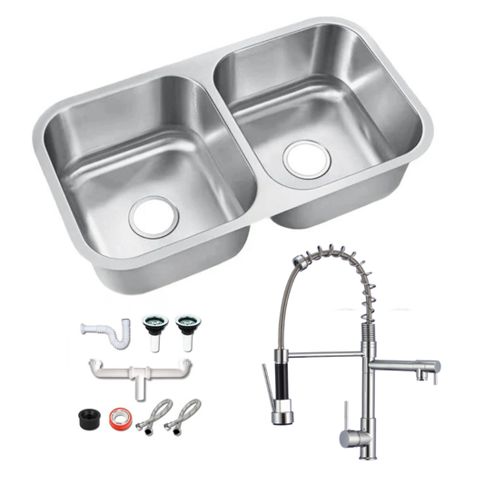 Fregadero Tarja Submontar Doble Tina 82x47 cm Acero Inoxidable Cal. 22 con Kit Completo y Mezcladora Flexible 360° KADINOX PLUS