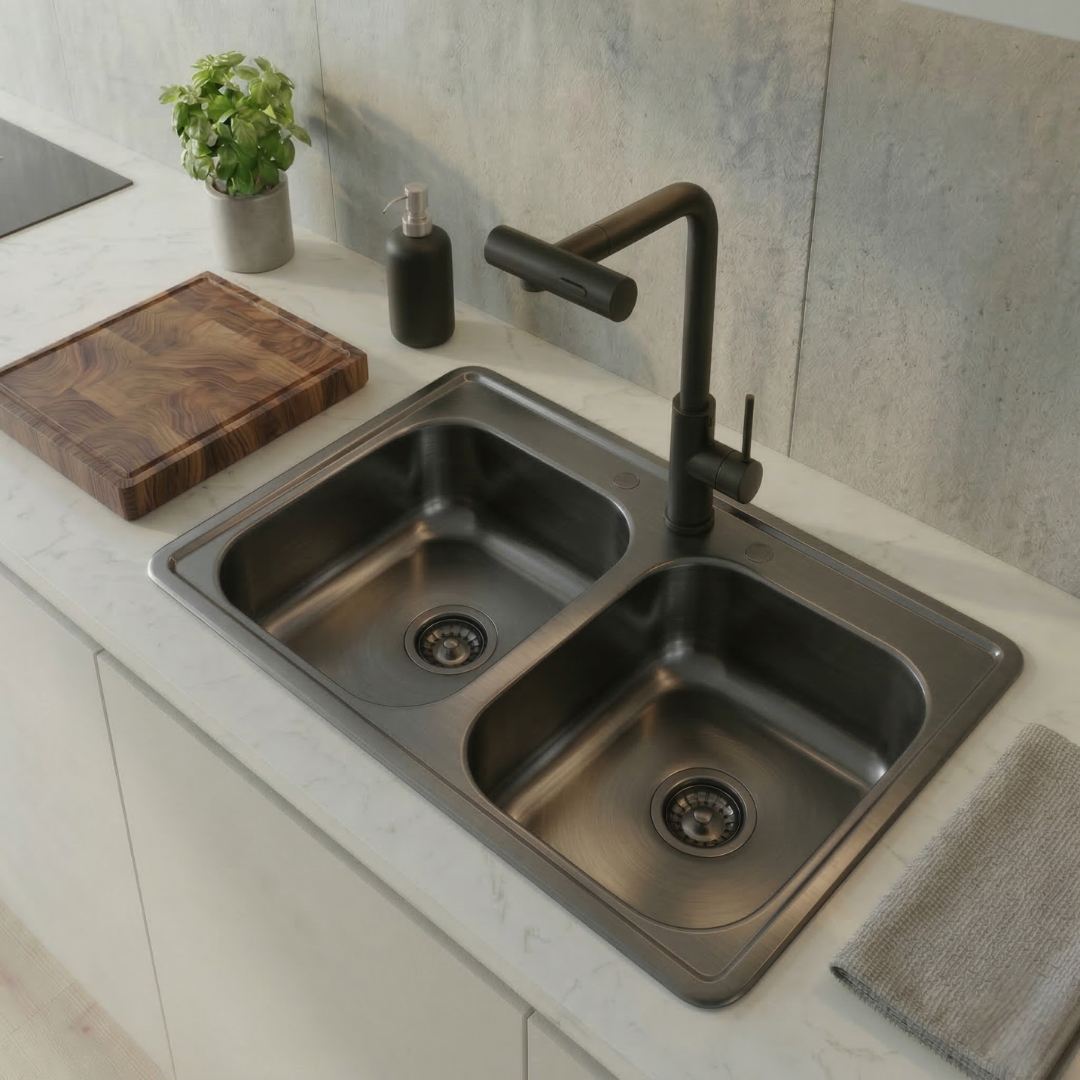 Fregadero Tarja para Cocina Negra Doble Tina Acero Inoxidable con Kit y Grifo Giratorio 360° 4 Funciones INSTALACION