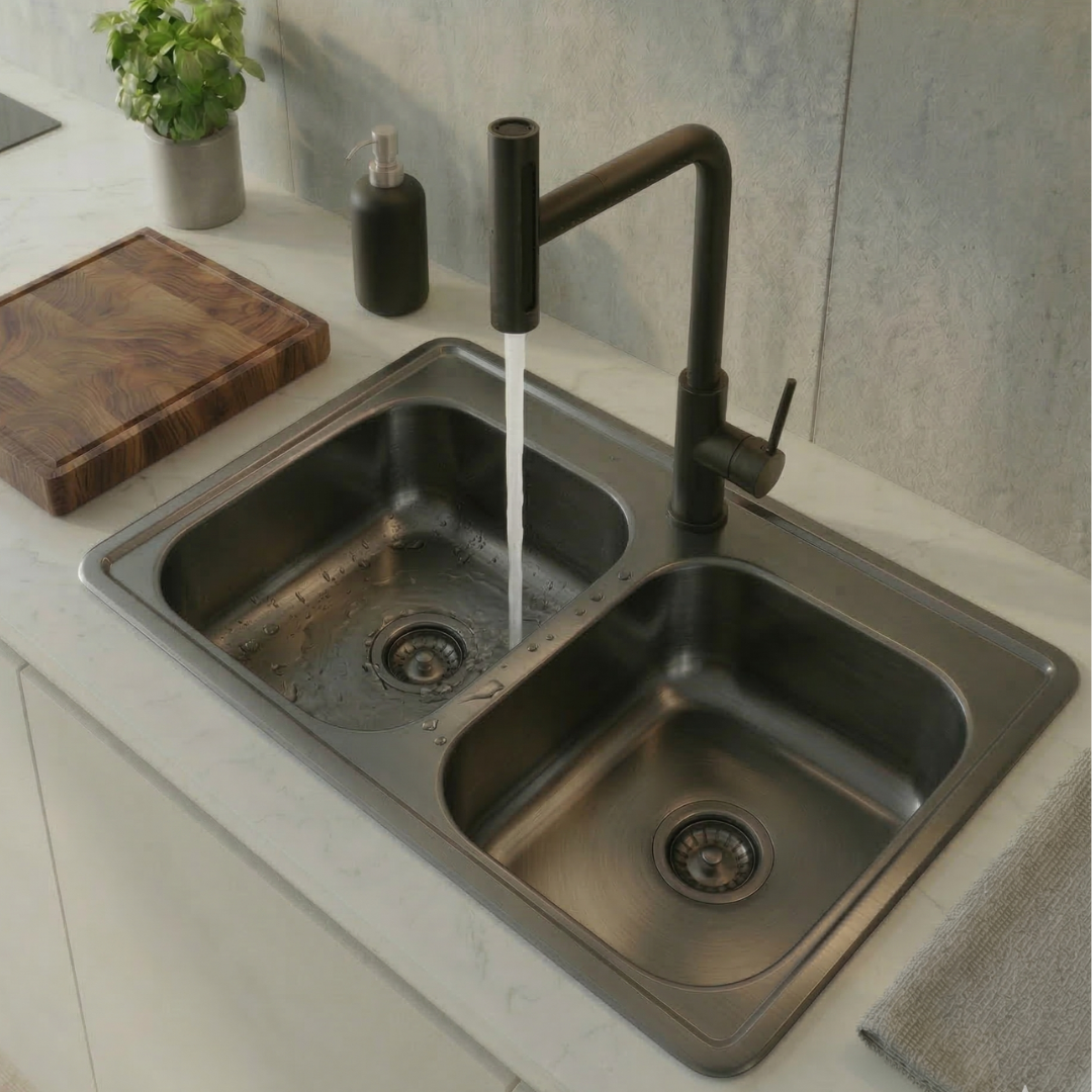 Fregadero Tarja para Cocina Negra Doble Tina Acero Inoxidable con Kit y Grifo Giratorio 360° 4 Funciones