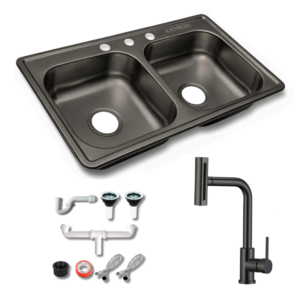 Tarja de Cocina Negra Doble Tina Acero Inoxidable con Kit y Grifo 84 x 48 cm