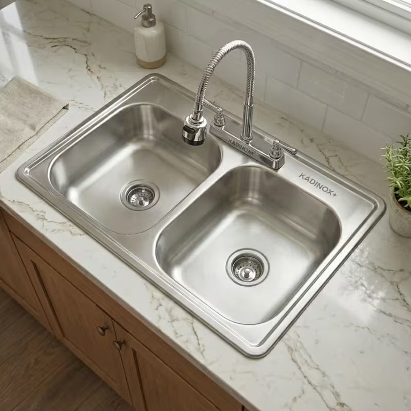 Fregadero Tarja para Cocina Doble Tina de Acero Inoxidable 84x48 cm con Kit y Mezcladora Flexible - kit de instalación