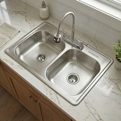 Fregadero Tarja para Cocina Doble Tina de Acero Inoxidable 84x48 cm con Kit y Mezcladora Flexible - kit de instalación