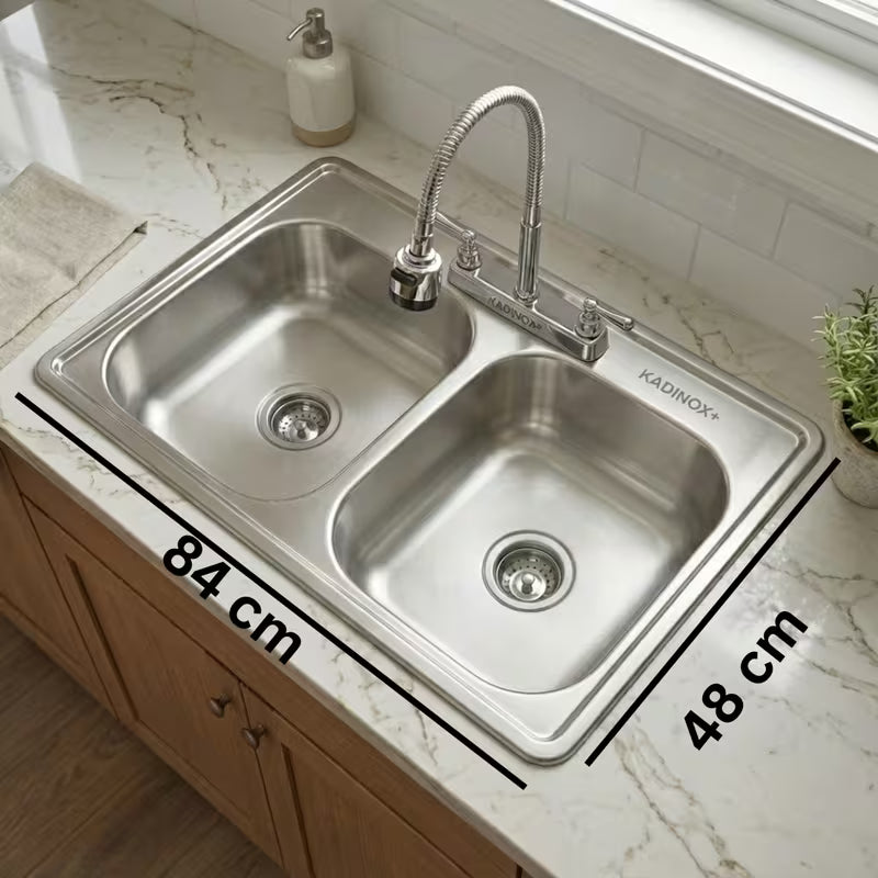 Fregadero Tarja para Cocina Doble Tina de Acero Inoxidable 84x48 cm con Kit y Mezcladora Flexible - dimensiones
