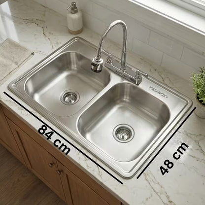Fregadero Tarja para Cocina Doble Tina de Acero Inoxidable 84x48 cm con Kit y Mezcladora Flexible - dimensiones