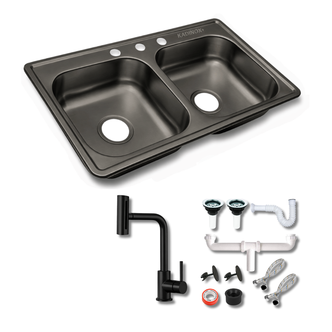 Tarja de Empotrar Doble Tina 84x56 cm Color Negro Oxford con Mezcladora Profesional 4 Funciones y Kit de Instalación | KADINOX
