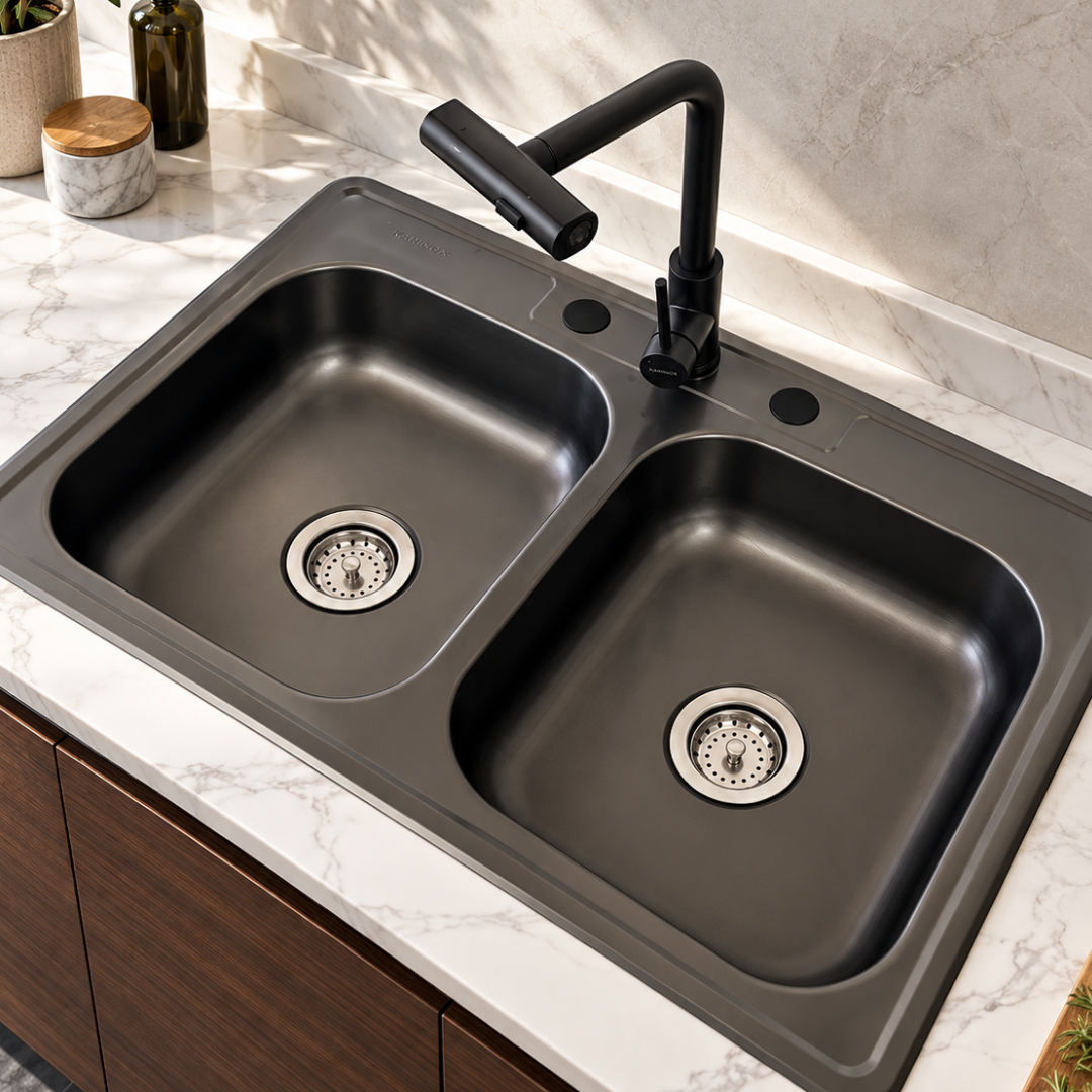 Tarja de Empotrar Doble Tina 84x56 cm Color Negro Oxford con Mezcladora Profesional 4 Funciones y Kit de Instalación | KADINOX