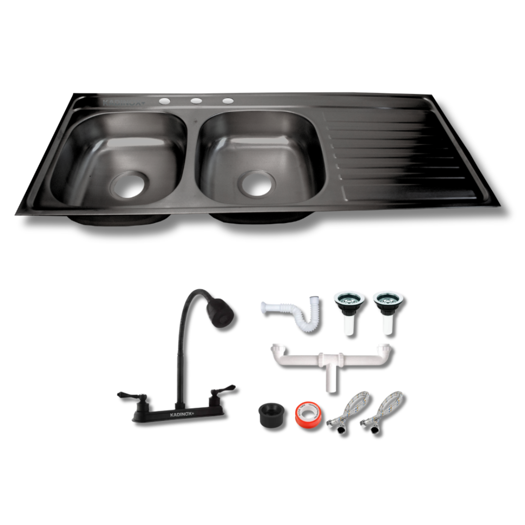 Tarja de Empotrar Doble Tina 120x50 cm Color Negro Oxford Calibre 22 con Escurridor, Mezcladora Flexible y Kit de Instalación | KADINOX