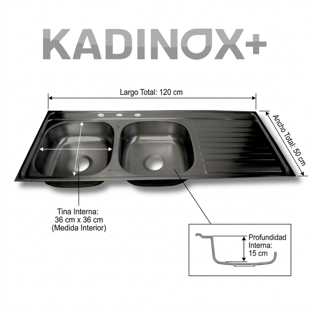 Tarja de Empotrar Doble Tina 120x50 cm Color Negro Oxford Calibre 22 con Escurridor, Mezcladora Flexible y Kit de Instalación | KADINOX
