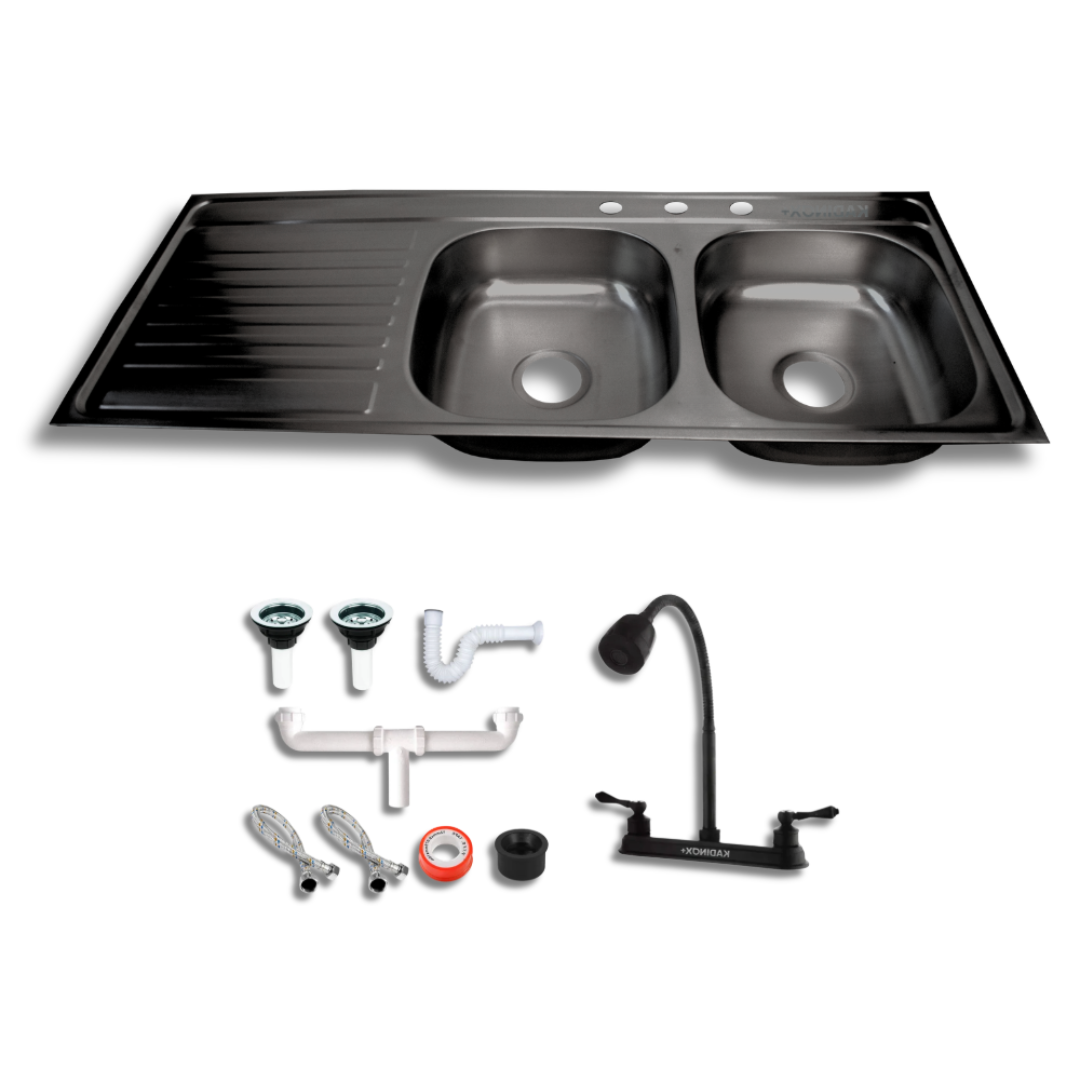 Tarja de Empotrar Doble Tina 120x50 cm Color Negro Oxford Calibre 22 con Escurridor, Mezcladora Flexible y Kit de Instalación | KADINOX