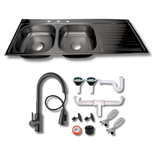 Tarja de Empotrar Doble Tina 120x50 cm Color Negro Oxford Calibre 22 con Escurridor, Mezcladora Premium Negra y Kit de Instalación | KADINOX