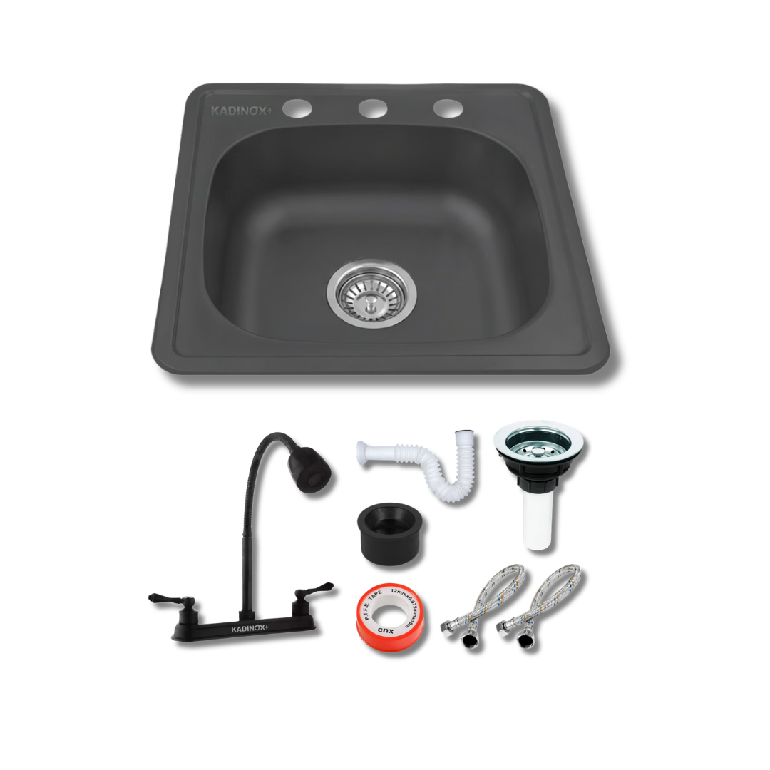 Tarja Fregadero Para Cocina Color Negro de Acero Inoxidable 48x48 Cm Con Kit y Mezcladora Negra