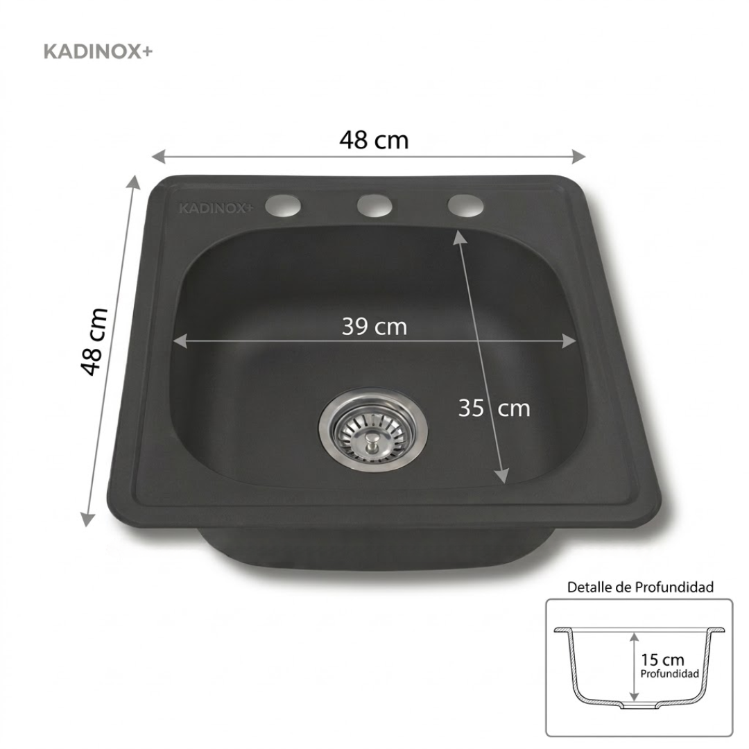 Tarja de Empotrar 48x48 cm Color Negro Oxford con Mezcladora Profesional 4 Funciones y Kit de Instalación | KADINOX
