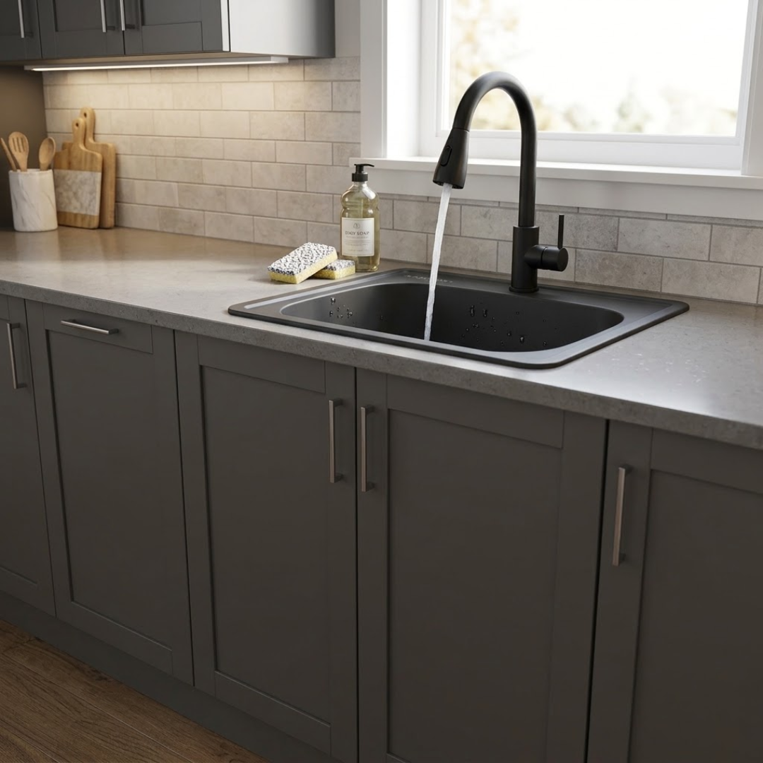 Tarja de Empotrar 48x48 cm Color Negro Oxford con Mezcladora Premium Negra y Kit de Instalación | KADINOX